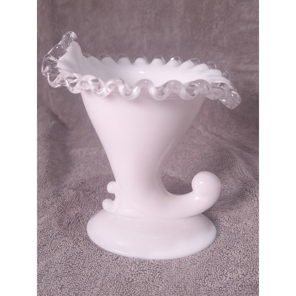 White Milk Glass Cornucopia Vase Clear Ruffled Rim Pedestal- Nice Condition